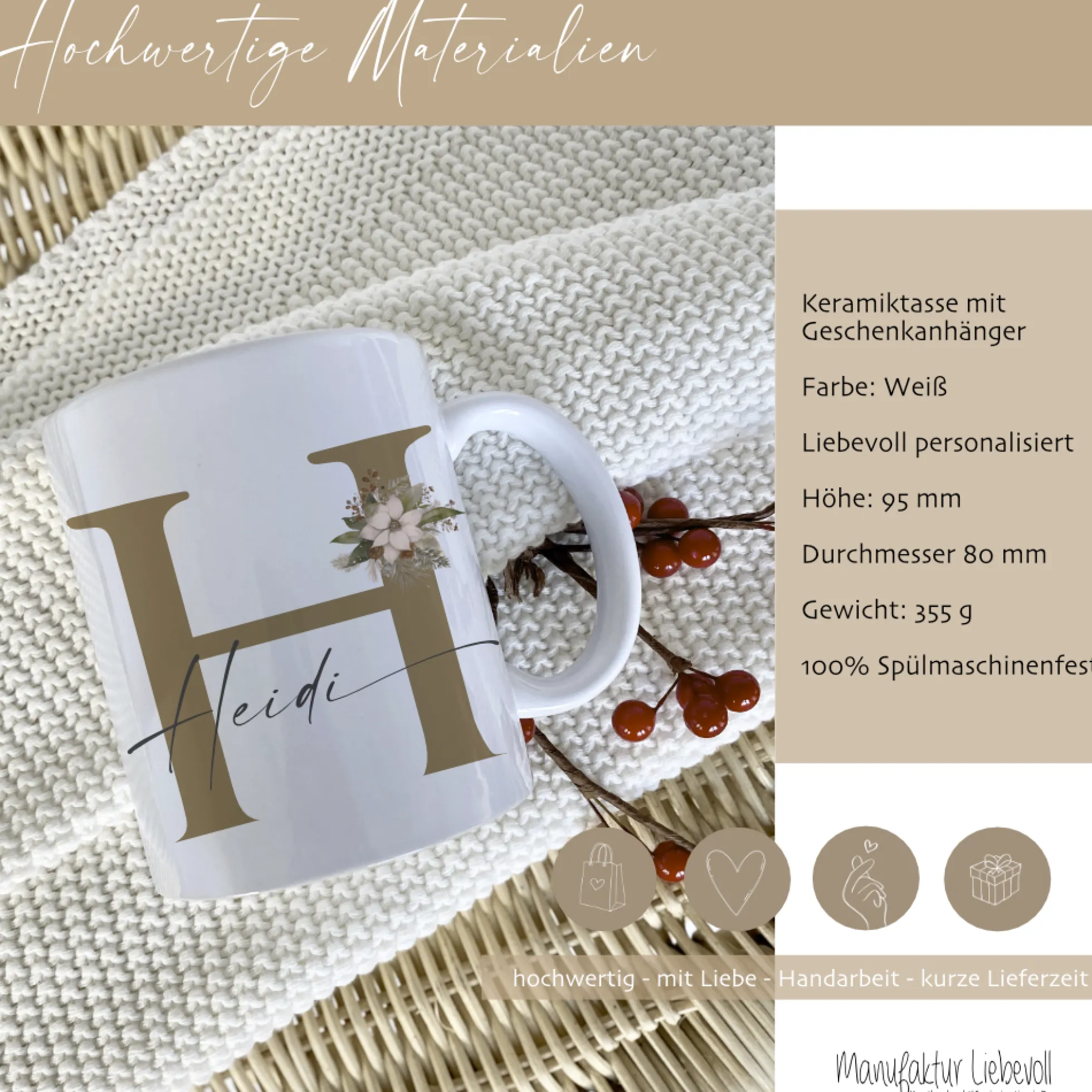 Personalisierte Keramiktasse mit Namen Monogramm Initialen zu Weihnachten I Weihnachtstasse Weihnachtsgeschenk I Nikolaus Geschenk Glühweintasse