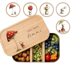Personalisierte Kinder Brotdose mit Bambusdeckel – Süße Maus Motive im Boho-Stil – Edelstahl & Weißblech