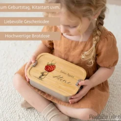 Personalisierte Kinder Brotdose mit Bambusdeckel – Süße Maus Motive im Boho-Stil – Edelstahl & Weißblech