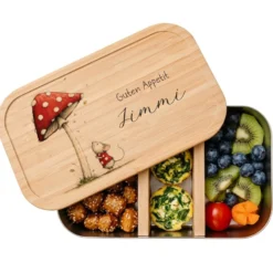 Personalisierte Kinder Brotdose mit Bambusdeckel – Süße Maus Motive im Boho-Stil – Edelstahl & Weißblech