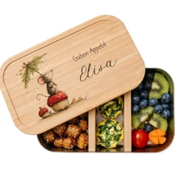 Personalisierte Kinder Brotdose mit Bambusdeckel – Süße Maus Motive im Boho-Stil – Edelstahl & Weißblech