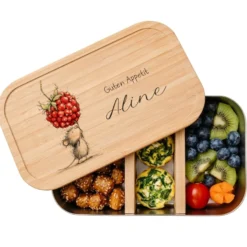 Personalisierte Kinder Brotdose mit Bambusdeckel – Süße Maus Motive im Boho-Stil – Edelstahl & Weißblech
