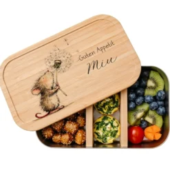 Personalisierte Kinder Brotdose mit Bambusdeckel – Süße Maus Motive im Boho-Stil – Edelstahl & Weißblech