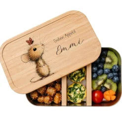 Personalisierte Kinder Brotdose mit Bambusdeckel – Süße Maus Motive im Boho-Stil – Edelstahl & Weißblech