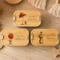 Personalisierte Kinder Brotdose mit Bambusdeckel – Süße Maus Motive im Boho-Stil – Edelstahl & Weißblech