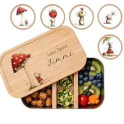Personalisierte Kinder Brotdose mit Bambusdeckel – Süße Maus Motive im Boho-Stil – Edelstahl & Weißblech