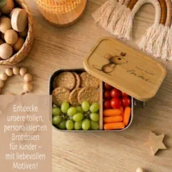 Personalisierte Kinder Brotdose mit Bambusdeckel – Süße Maus Motive im Boho-Stil – Edelstahl & Weißblech