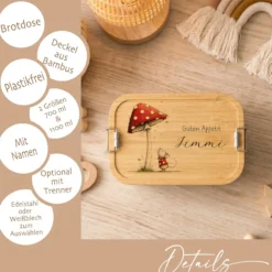 Personalisierte Kinder Brotdose mit Bambusdeckel – Süße Maus Motive im Boho-Stil – Edelstahl & Weißblech