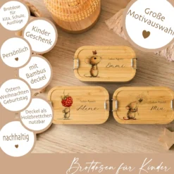 Personalisierte Kinder Brotdose mit Bambusdeckel – Süße Maus Motive im Boho-Stil – Edelstahl & Weißblech