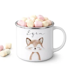 Personalisierte Kinder Emaille-Tasse mit Namen – Niedliche Tiermotive | Geschenk zur Geburt, Taufe oder Geburtstag