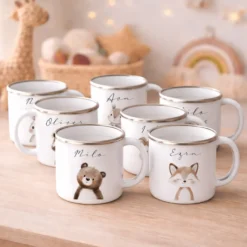 Personalisierte Kinder Emaille-Tasse mit Namen – Niedliche Tiermotive | Geschenk zur Geburt, Taufe oder Geburtstag
