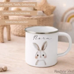 Personalisierte Kinder Emaille-Tasse mit Namen – Niedliche Tiermotive | Geschenk zur Geburt, Taufe oder Geburtstag