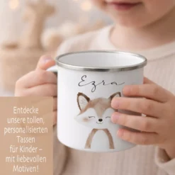Personalisierte Kinder Emaille-Tasse mit Namen – Niedliche Tiermotive | Geschenk zur Geburt, Taufe oder Geburtstag