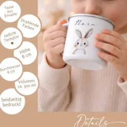 Personalisierte Kinder Emaille-Tasse mit Namen – Niedliche Tiermotive | Geschenk zur Geburt, Taufe oder Geburtstag