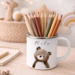 Personalisierte Kinder Emaille-Tasse mit Namen – Niedliche Tiermotive | Geschenk zur Geburt, Taufe oder Geburtstag