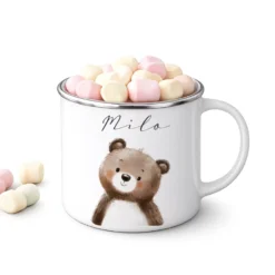 Personalisierte Kinder Emaille-Tasse mit Namen – Niedliche Tiermotive | Geschenk zur Geburt, Taufe oder Geburtstag
