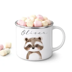 Personalisierte Kinder Emaille-Tasse mit Namen – Niedliche Tiermotive | Geschenk zur Geburt, Taufe oder Geburtstag