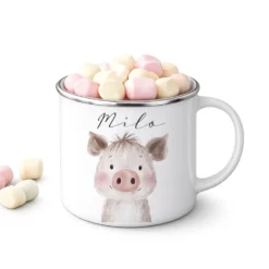 Personalisierte Kinder Emaille-Tasse mit Namen – Niedliche Tiermotive | Geschenk zur Geburt, Taufe oder Geburtstag