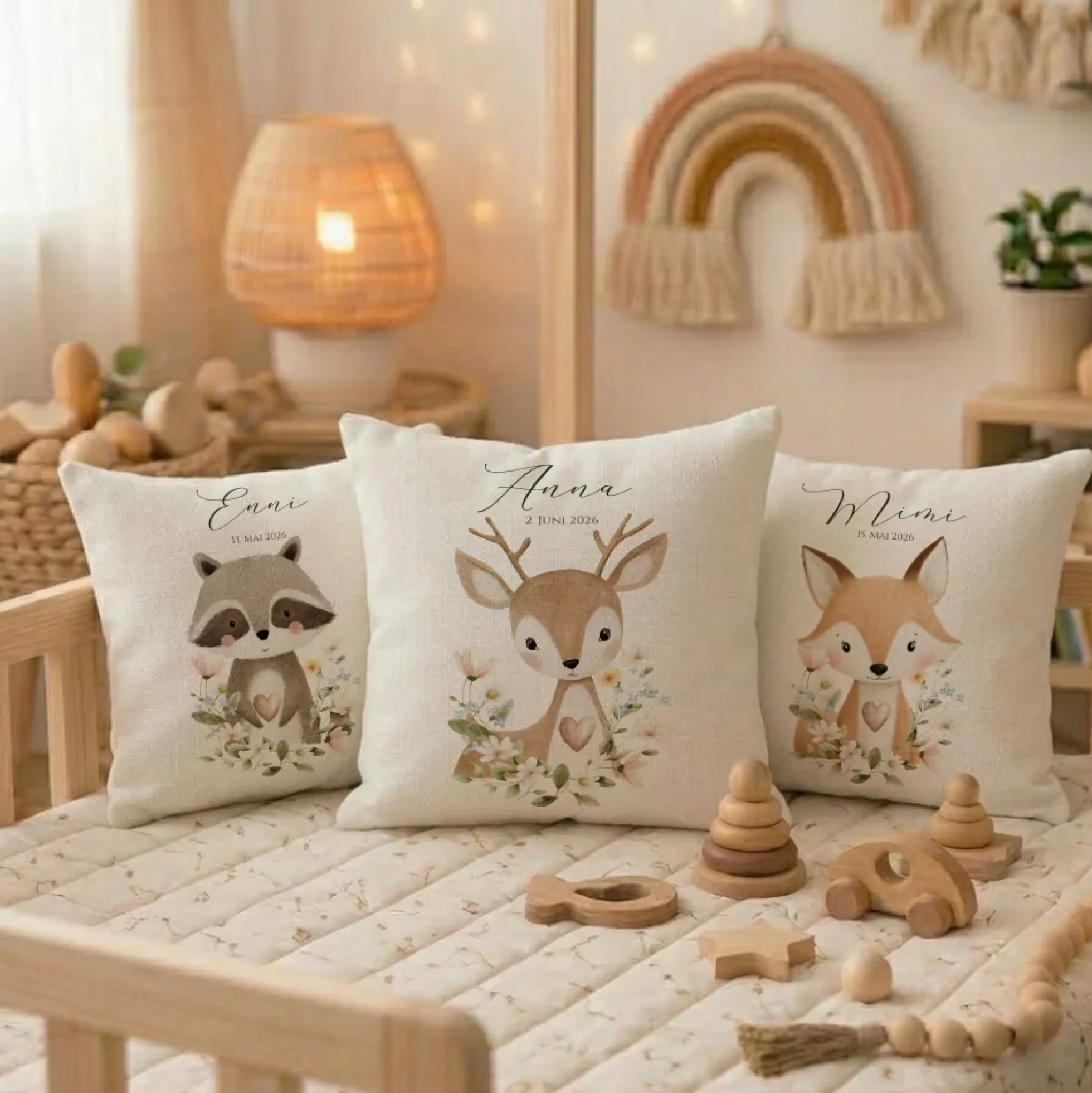 Personalisierte Kinderkissen mit Namen – Süße Waldtiere Motive im Boho-Stil – Flauschiges Kuschelkissen inkl. Füllung zur Geburt & Taufe