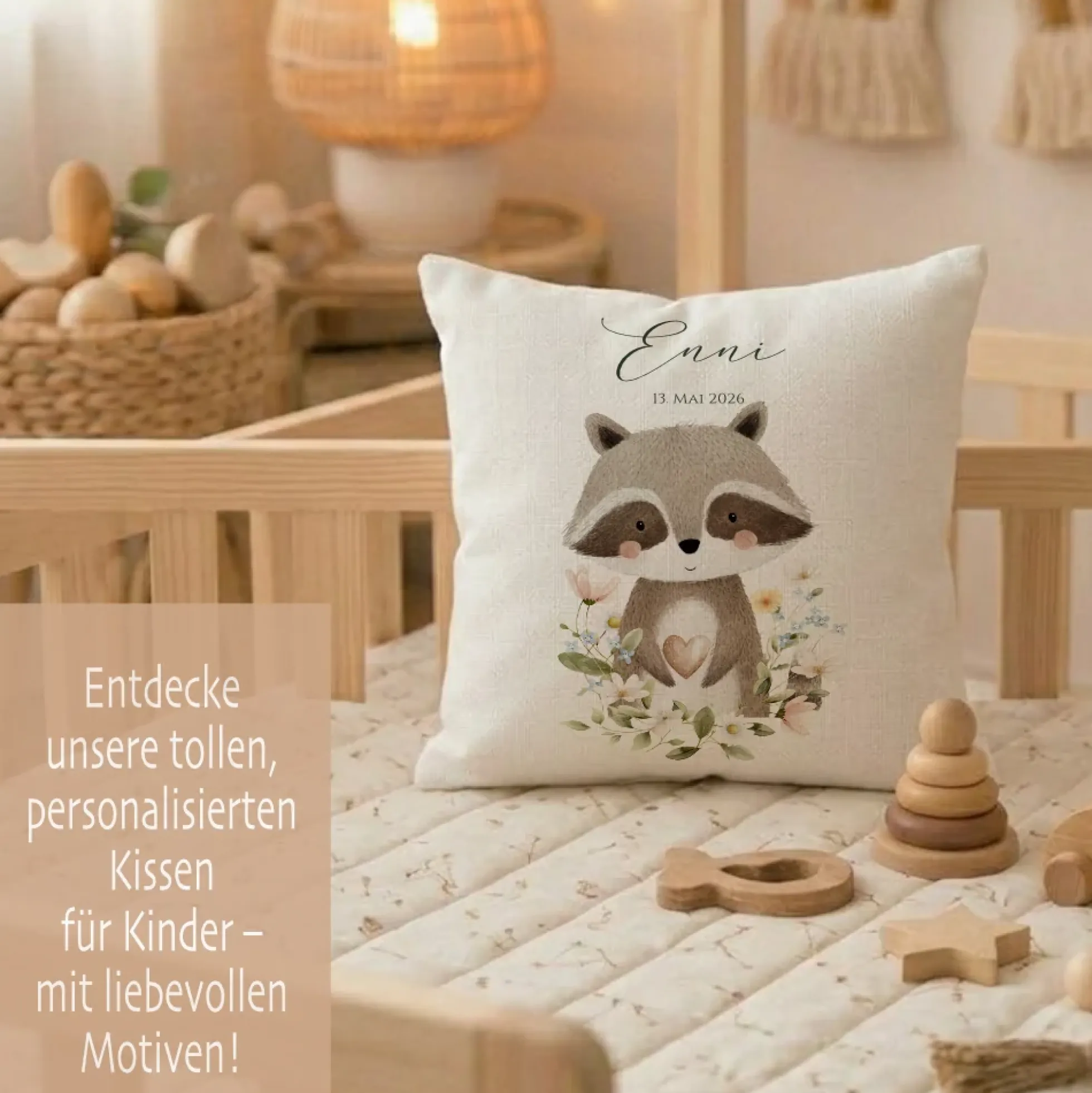 Personalisierte Kinderkissen mit Namen – Süße Waldtiere Motive im Boho-Stil – Flauschiges Kuschelkissen inkl. Füllung zur Geburt & Taufe