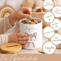 Personalisierte Kinder-Spardose aus Keramik mit Bambusdeckel – liebevolles Geschenk