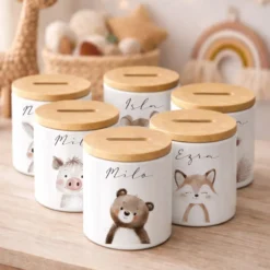Personalisierte Kinder-Spardose aus Keramik mit Bambusdeckel – liebevolles Geschenk