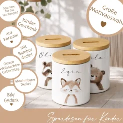 Personalisierte Kinder-Spardose aus Keramik mit Bambusdeckel – liebevolles Geschenk