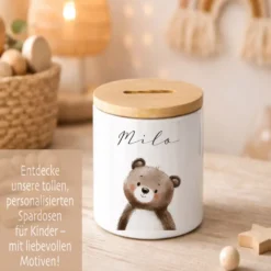 Personalisierte Kinder-Spardose aus Keramik mit Bambusdeckel – liebevolles Geschenk