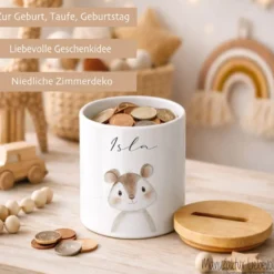 Personalisierte Kinder-Spardose aus Keramik mit Bambusdeckel – liebevolles Geschenk