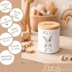 Personalisierte Kinder-Spardose aus Keramik mit Bambusdeckel – liebevolles Geschenk