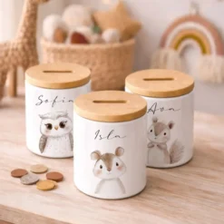 Personalisierte Kinder-Spardose aus Keramik mit Bambusdeckel – liebevolles Geschenk