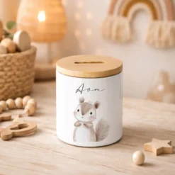 Personalisierte Kinder-Spardose aus Keramik mit Bambusdeckel – liebevolles Geschenk