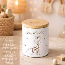 Personalisierte Kinderspardose mit Namen aus Keramik & Bambusdeckel