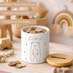 Personalisierte Kinderspardose mit Namen aus Keramik & Bambusdeckel