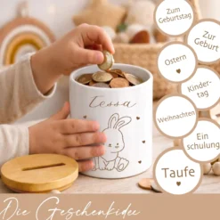 Personalisierte Kinderspardose mit Namen aus Keramik & Bambusdeckel