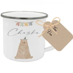 Personalisierte Kindertasse aus Emaille mit Bär