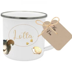 Personalisierte Kindertasse "Tiere" | Emailletasse mit dem Namen des Kindes | Liebevolles Kindergeschirr | mit Geschenkanhänger zum Beschriften