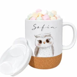 Personalisierte Kindertasse mit Name – Keramiktasse mit Korkboden & Deckel | 12 Tiermotive