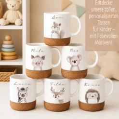 Personalisierte Kindertasse mit Name – Keramiktasse mit Korkboden & Deckel | 12 Tiermotive