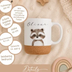 Personalisierte Kindertasse mit Name – Keramiktasse mit Korkboden & Deckel | 12 Tiermotive