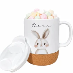 Personalisierte Kindertasse mit Name – Keramiktasse mit Korkboden & Deckel | 12 Tiermotive