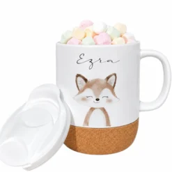 Personalisierte Kindertasse mit Name – Keramiktasse mit Korkboden & Deckel | 12 Tiermotive