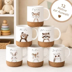 Personalisierte Kindertasse mit Name – Keramiktasse mit Korkboden & Deckel | 12 Tiermotive