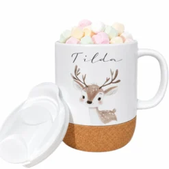 Personalisierte Kindertasse mit Name – Keramiktasse mit Korkboden & Deckel | 12 Tiermotive