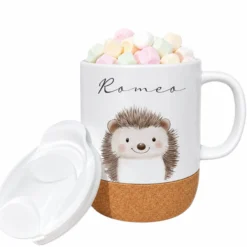 Personalisierte Kindertasse mit Name – Keramiktasse mit Korkboden & Deckel | 12 Tiermotive