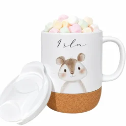Personalisierte Kindertasse mit Name – Keramiktasse mit Korkboden & Deckel | 12 Tiermotive