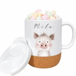 Personalisierte Kindertasse mit Name – Keramiktasse mit Korkboden & Deckel | 12 Tiermotive
