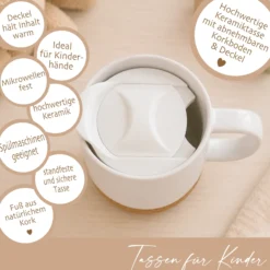 Personalisierte Kindertasse mit Name – Keramiktasse mit Korkboden & Deckel | 12 Tiermotive