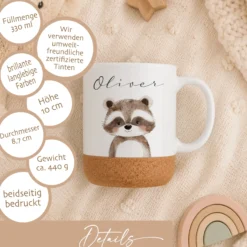 Personalisierte Kindertasse mit Name – Keramiktasse mit Korkboden & Deckel | 12 Tiermotive