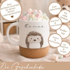 Personalisierte Kindertasse mit Name – Keramiktasse mit Korkboden & Deckel | 12 Tiermotive